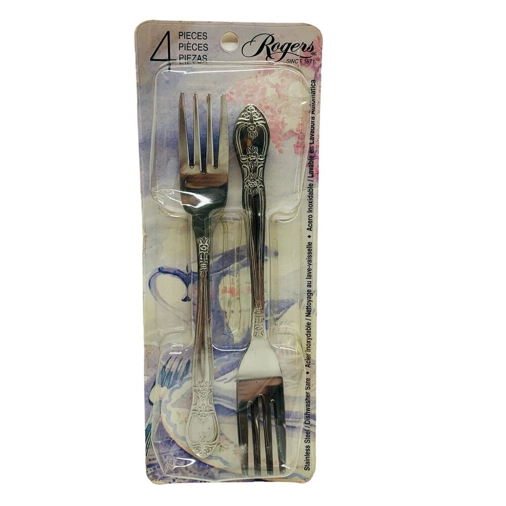 Rogers Stanley Roberts NOS 4 Dinner Forks VERONA Stainless Flatware Retro Floral